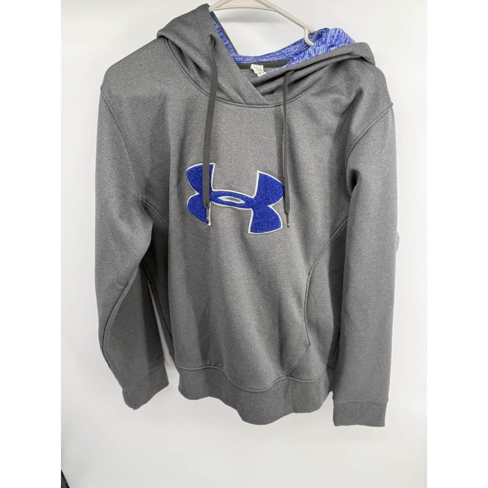 Under Armour Storm Hoodie Women's L Long Sleeve Gray Blue Sweatshirt Big Logo